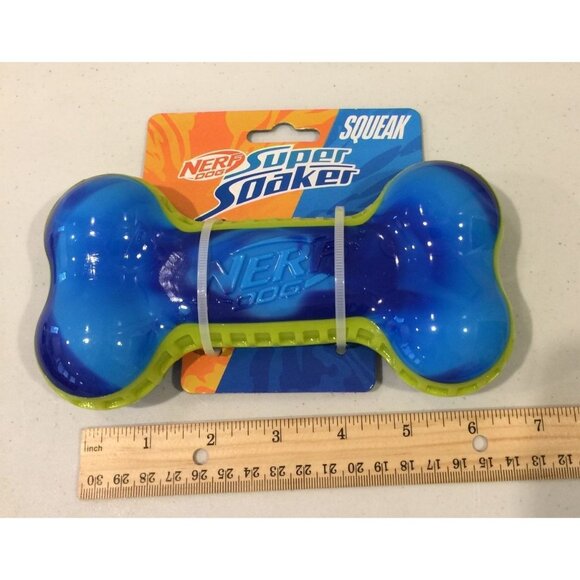 Nerf Dog Super Soaker Squeak Blue Lime Green Dog Bone Shape 6 3/4"Dog Toy - Picture 2 of 3